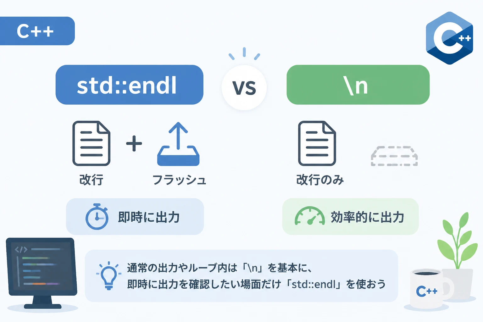 C++のstd::endlと\nの違いとは？改行とバッファflushを理解する | エーテリア